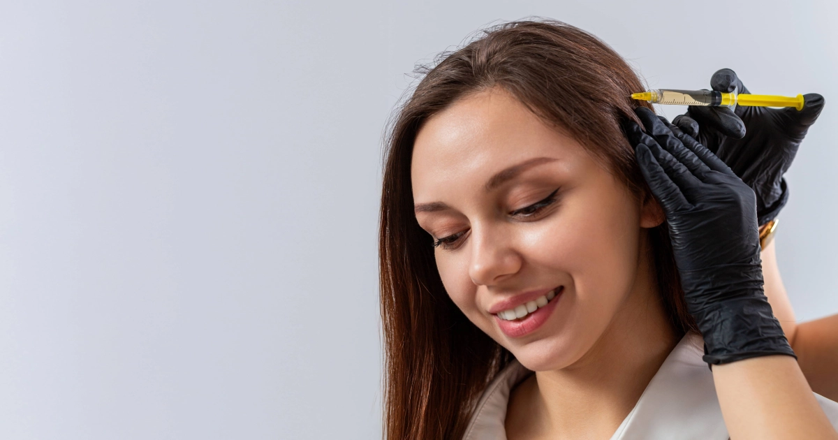 A woman receiving a PRP scalp injection for hair loss in Boynton Beach, FL, from a professional wearing black gloves.